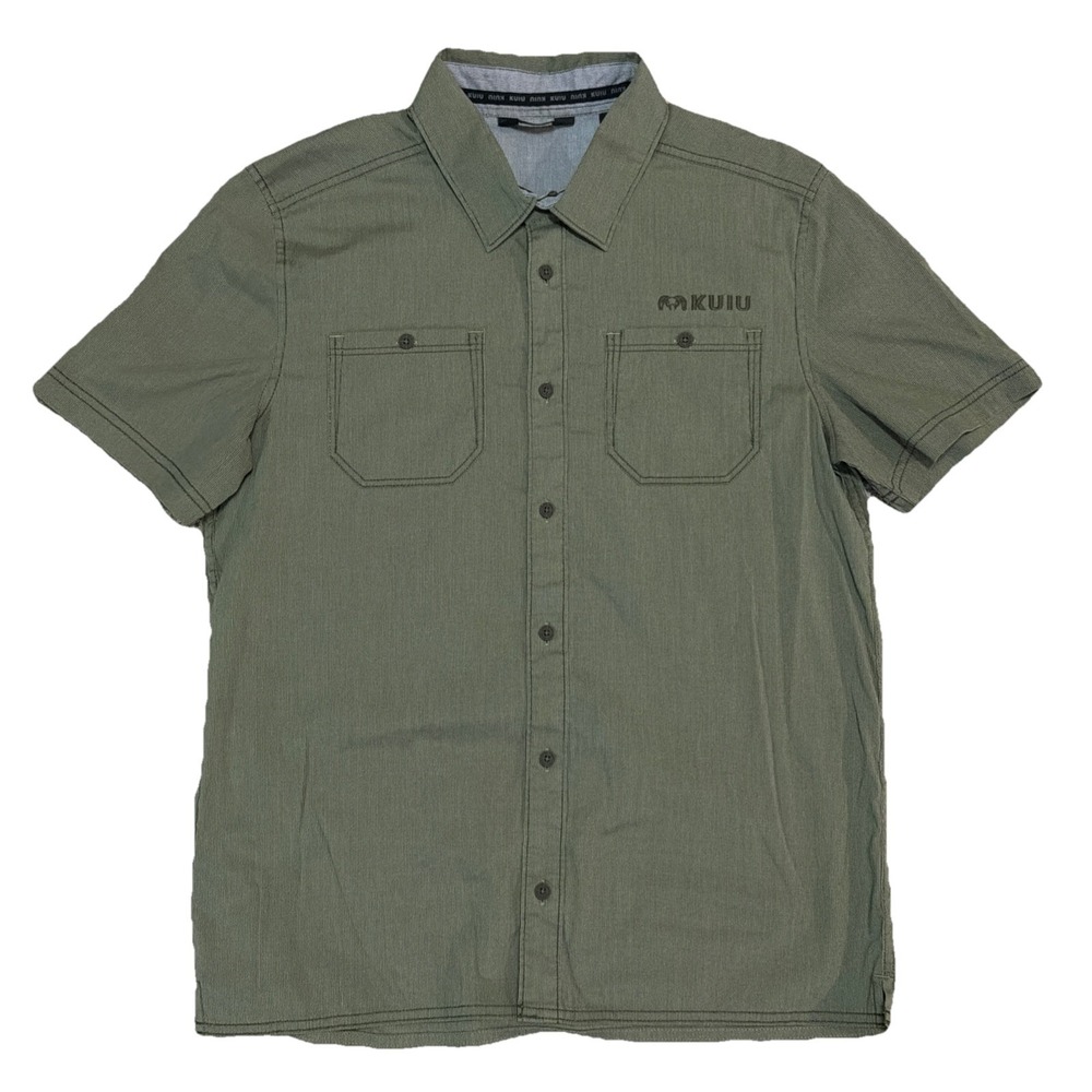 KUIU Men's Medium Green Short Sleeve Button Up Basin Shirt Chest Pockets Stretch
